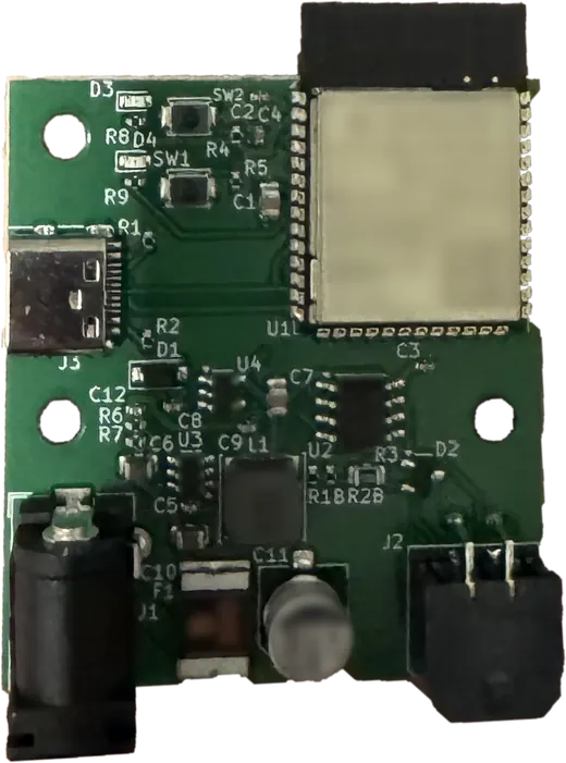 A BridgeBox board from the first batch: the wireless module at the top right, USB-C on the left edge, the power jack at the bottom left and the AMS connector at the bottom right