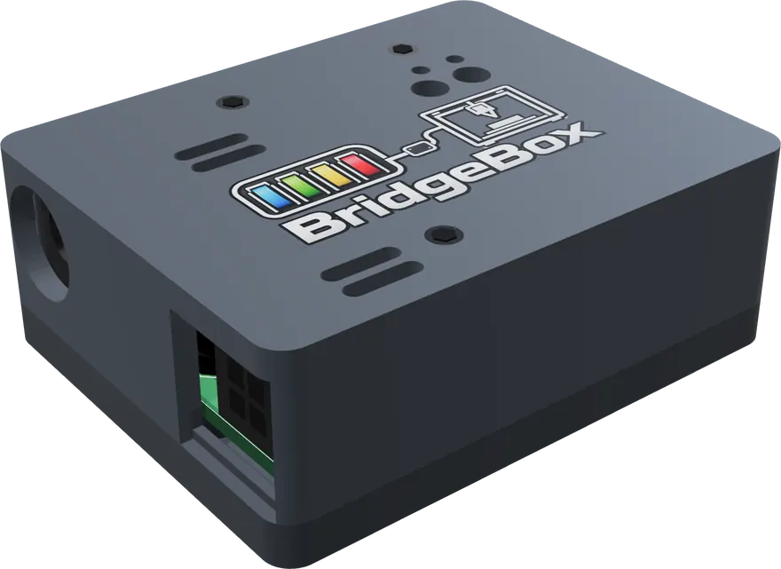 BridgeBox in its closed printed case, the BridgeBox logo in color on the lid, the AMS connector at the front and the power jack on the side